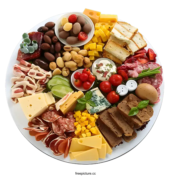 [Transparent Background PNG]Cheese and Meat Platter with Crackers, Olives, and Vegetables