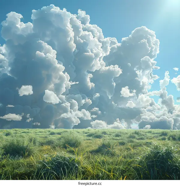 Vast Sky with Fluffy Clouds over Lush Grassland