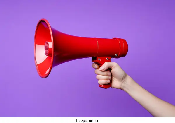 Hand Holding a Red Megaphone Against a Purple Background