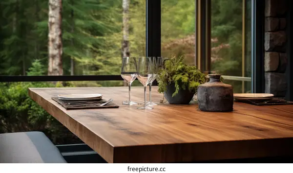 Rustic wooden table set for dinner with wine glasses and plates