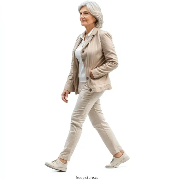 Mature Woman Walking in Beige Outfit