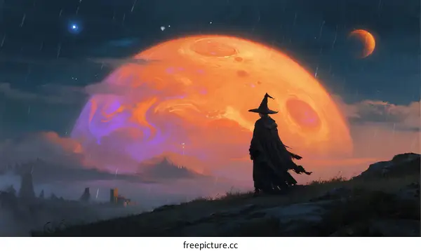 A Wizard Standing on a Hill Under a Giant Orange Moon