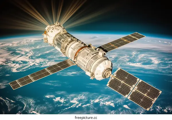 A depiction of a space station orbiting Earth.