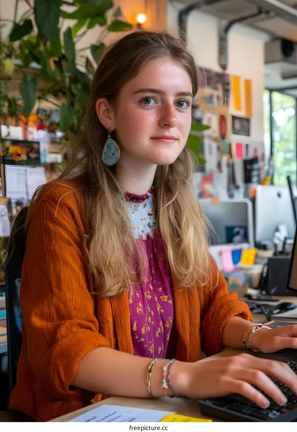 Young Woman Working on Computer in Office