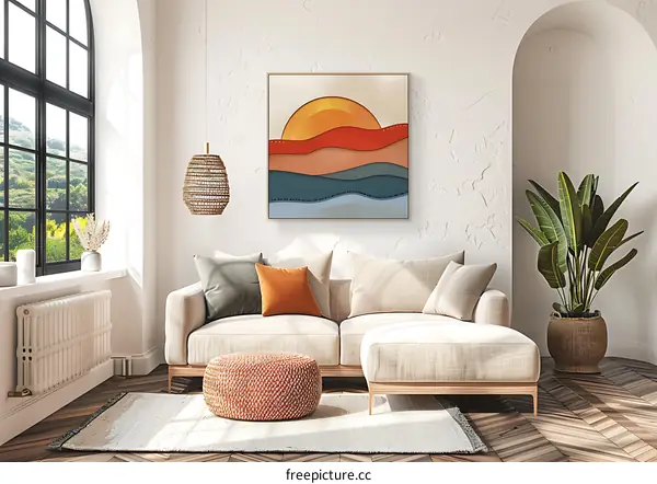 Abstract Minimalist Sunset Art Print in Modern Living Room