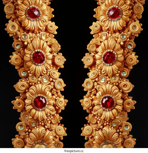 Symmetrical golden floral pattern with red gemstones on black background