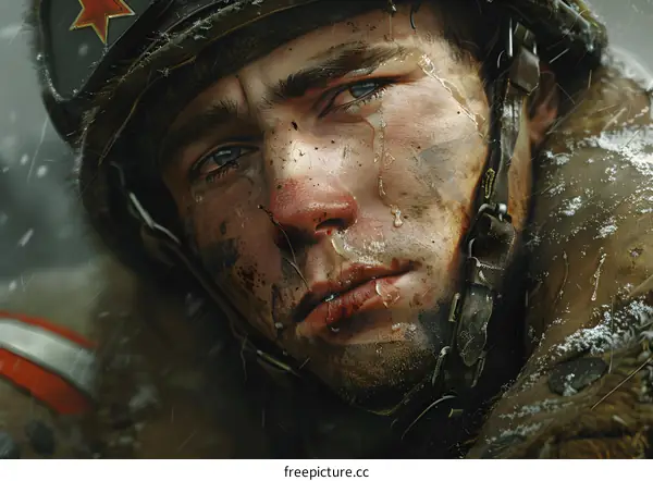 Portrait of a soldier with a red star on his helmet