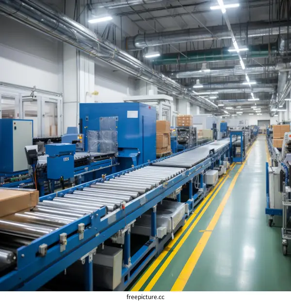 Automated manufacturing facility with conveyor belts and machinery