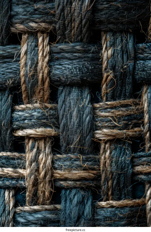 Close-up of a blue and brown woven basket