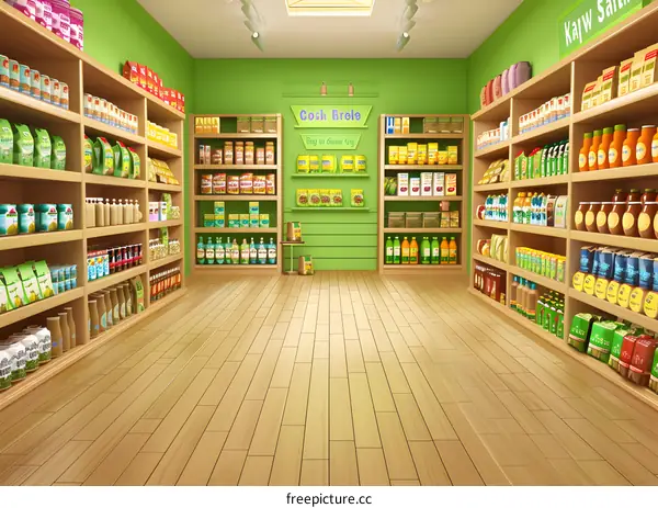 Grocery Store Interior with Green Walls and Wooden Shelves