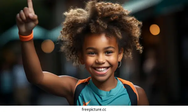 Cheerful African American girl raising her hand
