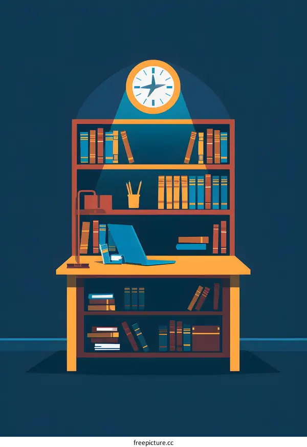 Desk with Bookshelves and Laptop Illustration