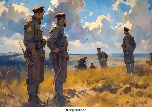 A group of soldiers standing in a field looking at something in the distance