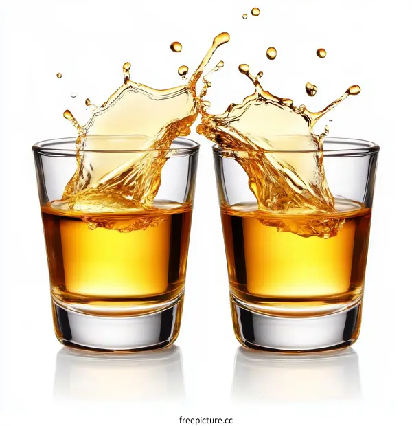Two Shot Glasses with Splashing Liquor