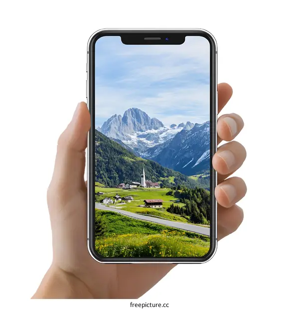 Hand Holding Smartphone with Landscape Image of Mountains
