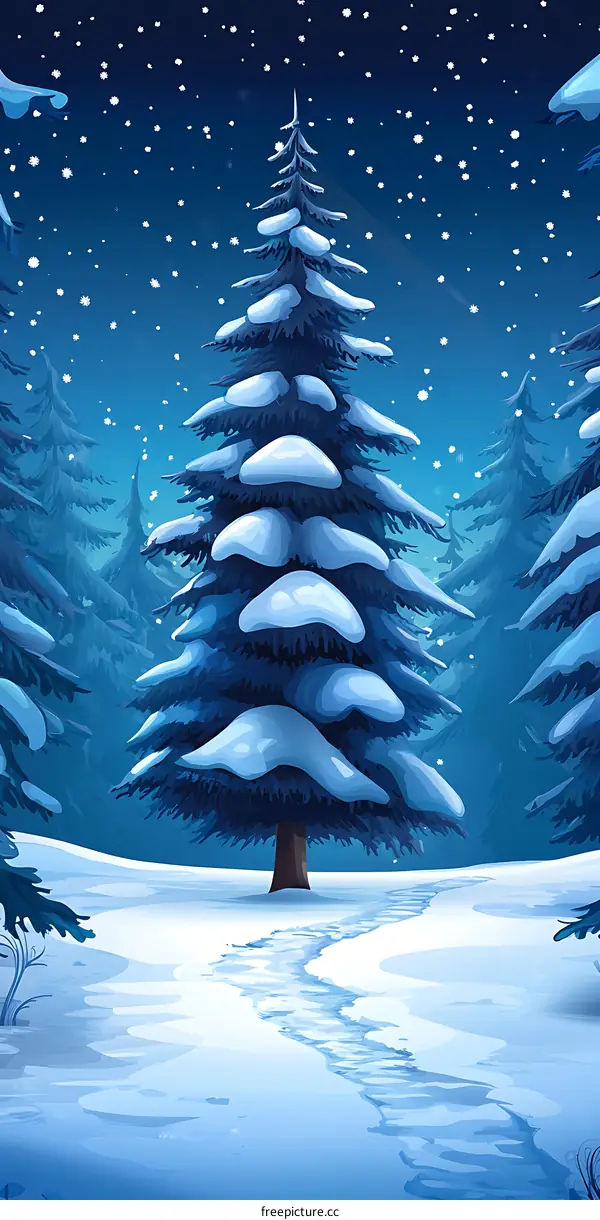 Winter Forest Night Scene with Snow Falling