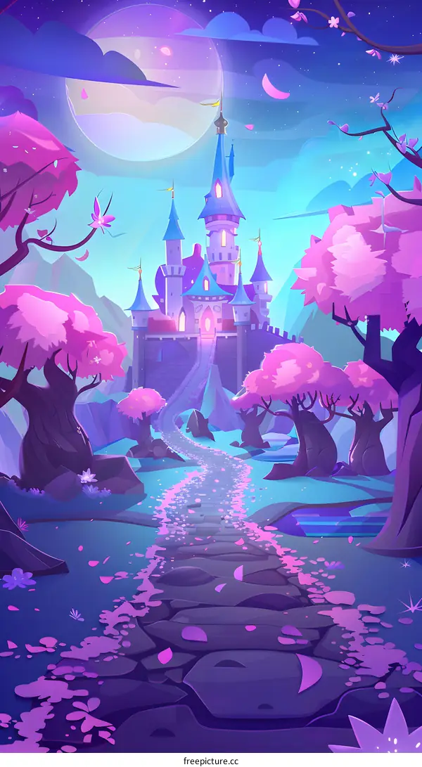 Fantasy Castle Pathway with Blooming Cherry Blossoms