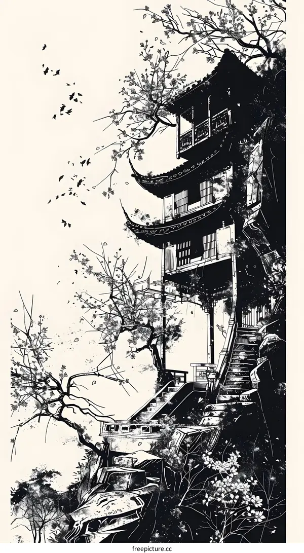 Black and White Illustration of a Chinese Pagoda