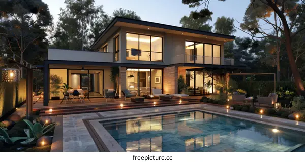 Modern Luxury Villa Backyard Pool at Dusk