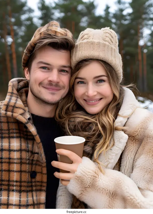 Happy Couple Holding Coffee In Winter