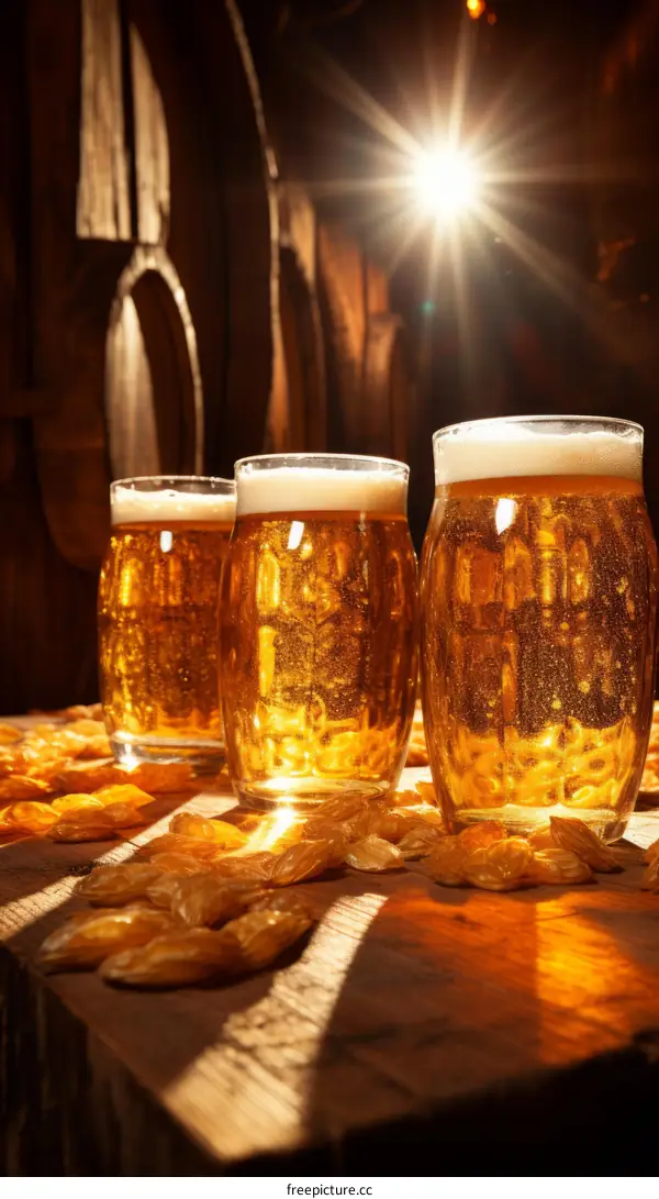 Three glasses of beer on a wooden table in a dark room