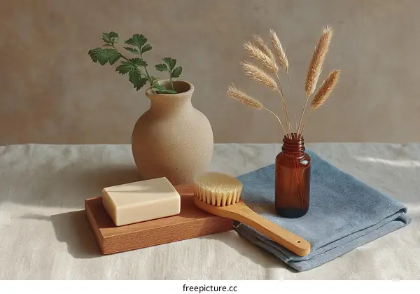 Natural Spa Set on a Light Beige Tablecloth