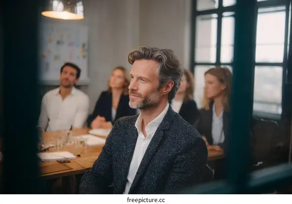Business professionals in meeting room listening attentively to speaker