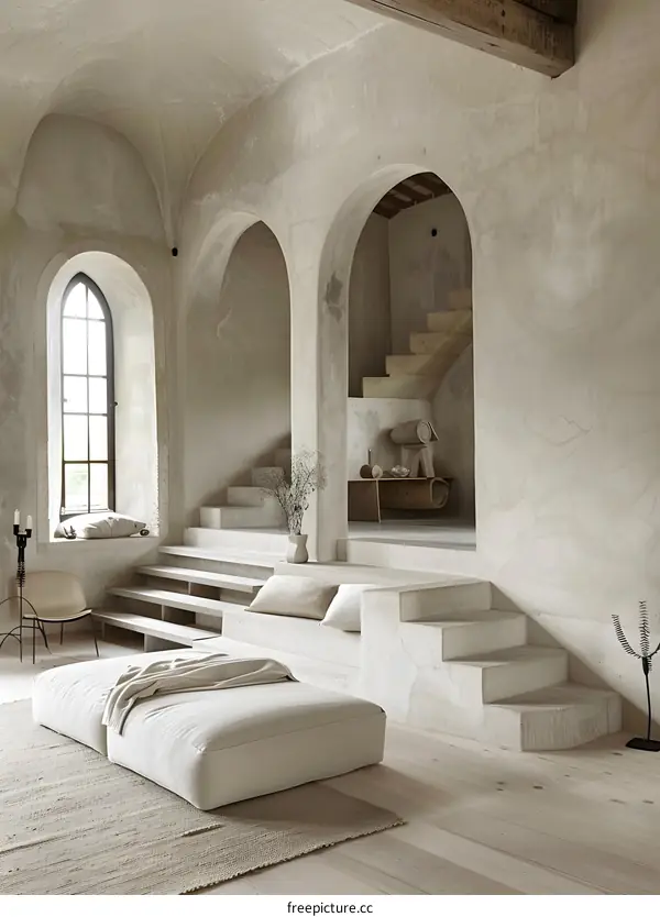 Modern Minimalist Interior Design with Concrete Steps and Archways