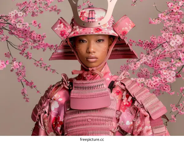 Black woman wearing a pink samurai armor with cherry blossoms