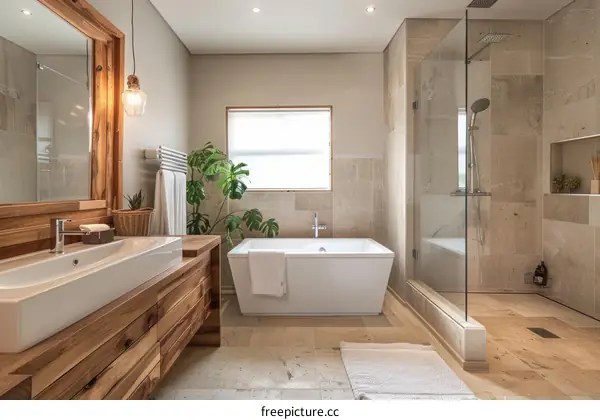 Modern Bathroom with Wooden Vanity and Freestanding Tub