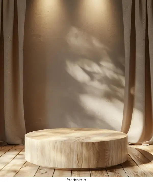 Wooden Round Platform for Product Display with Brown Curtains in Background