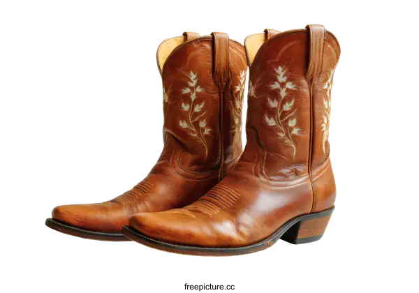 [Transparent Background PNG]Pair of Brown Leather Cowboy Boots with Embroidered Design
