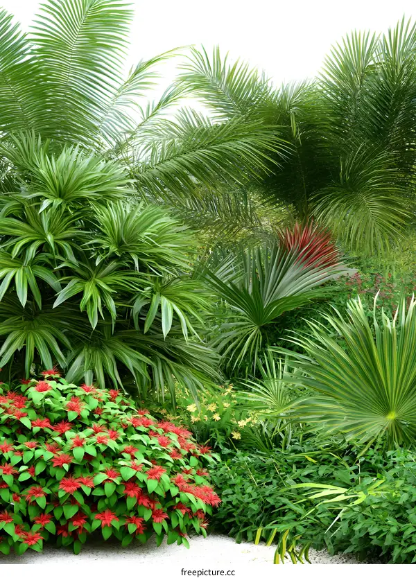 Tropical Garden With Palm Trees and Red Flowers