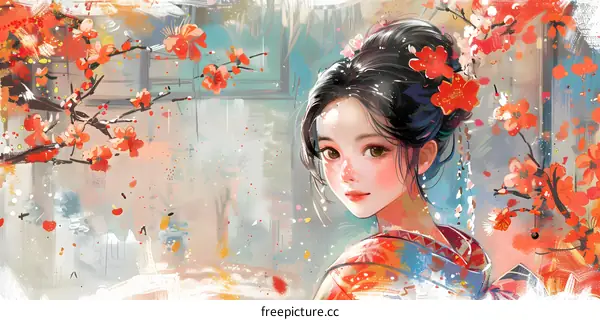 A beautiful painting of a Japanese girl in a kimono with cherry blossoms