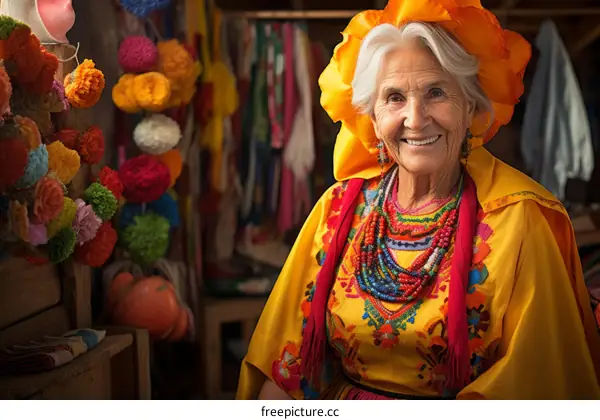 Portrait of an elderly Mexican woman wearing a traditional headdress and colorful clothing