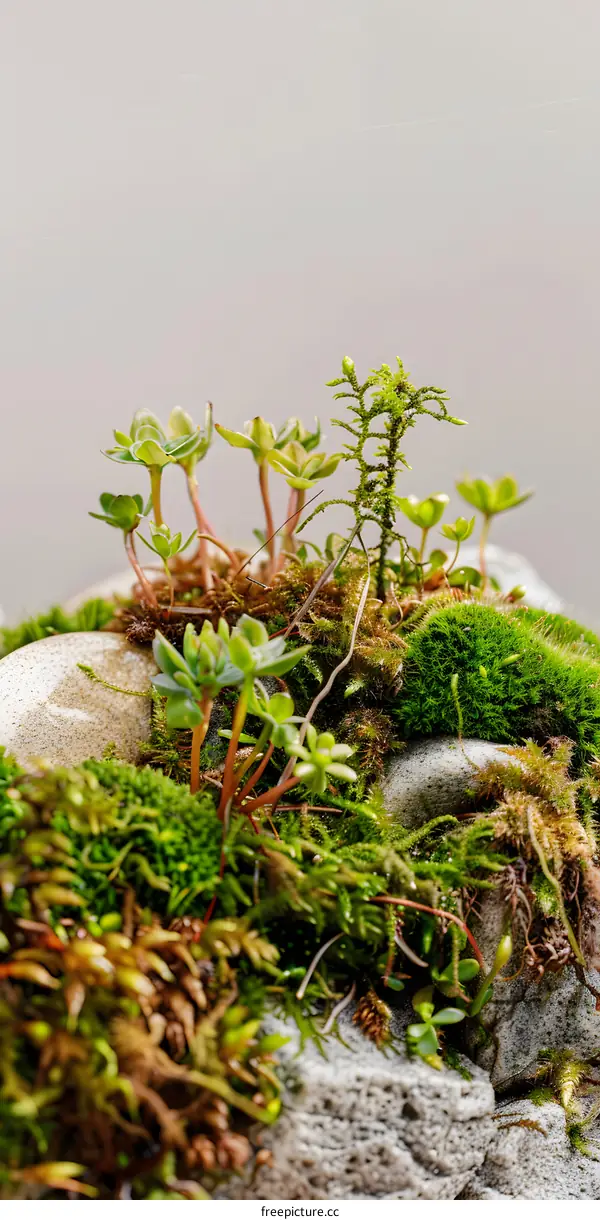 Green Moss and Succulents Growing on Rocks