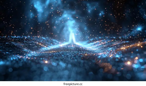 Blue and gold particles form over a dark background