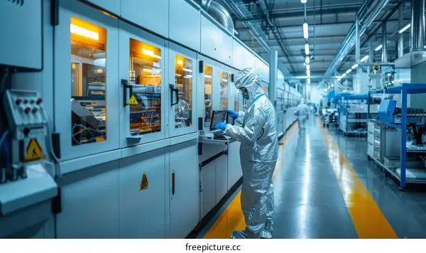 technician in protective clothing working on a machine in a factory