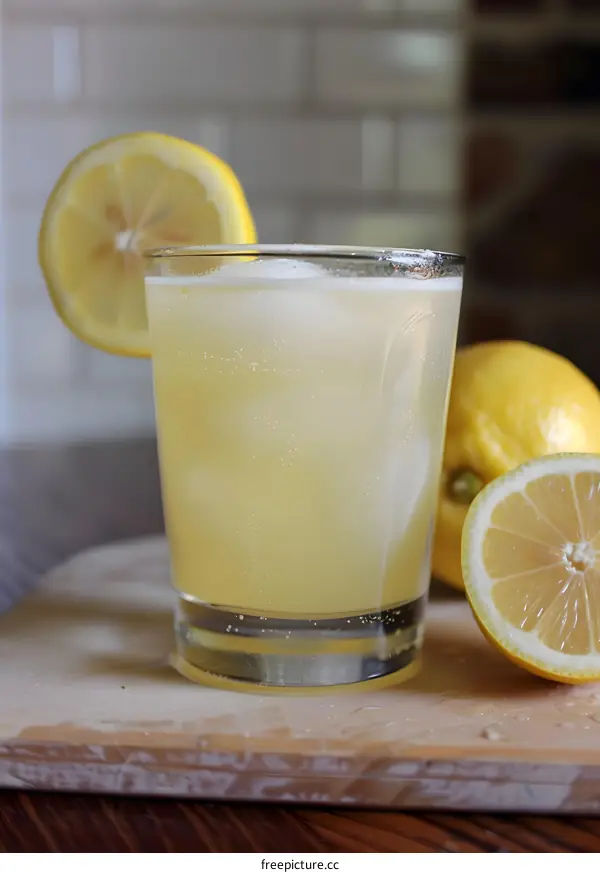 Glass of Lemonade with Lemon Slices on a Wooden Cutting Board