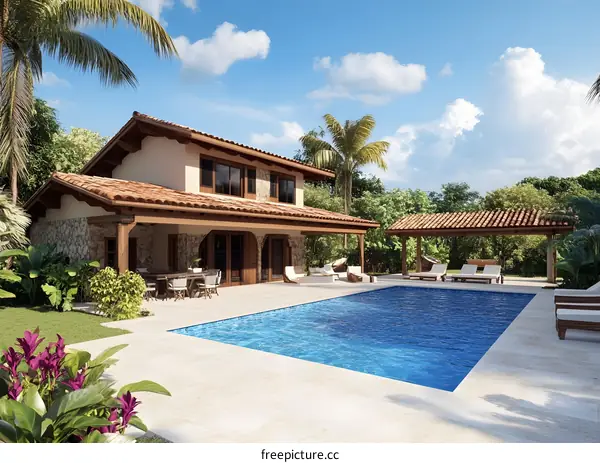 Tropical Villa with Swimming Pool and Palm Trees
