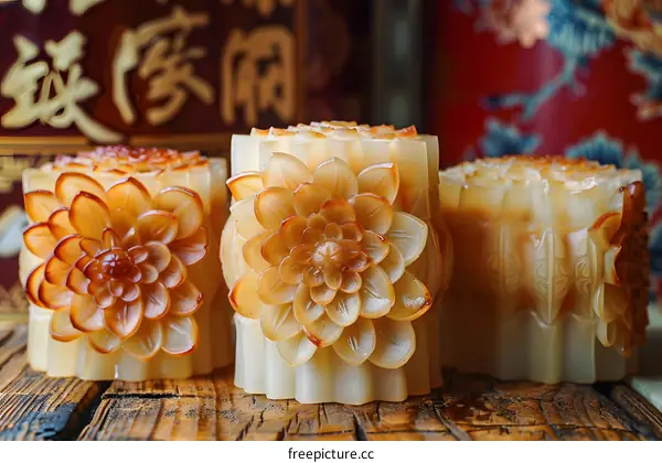 Traditional Chinese Moon Cakes With Flower Design