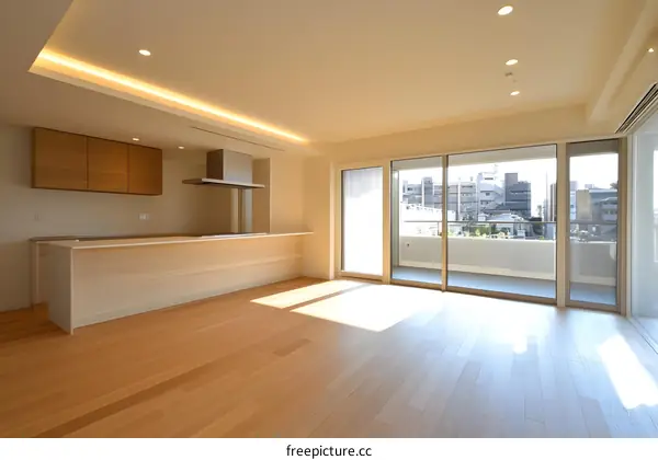 Modern Minimalist Kitchen with Wooden Cabinets and Balcony View
