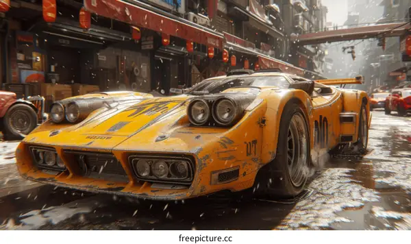 Yellow Futuristic Car Races Down Wet City Street With Chinese Architecture