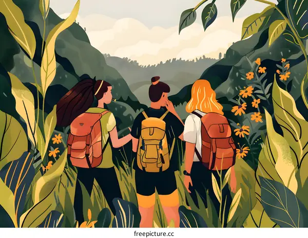 Three Friends Hiking Through Lush Forest