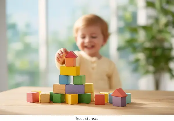 Toddler Playing with Colorful Wooden Blocks