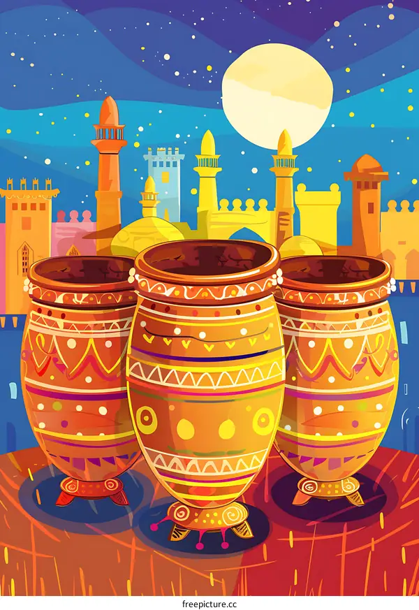 Colorful Indian Clay Pots Against Cityscape Background