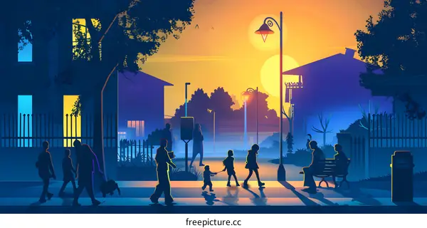 Family Walking in the Sunset Silhouette Illustration