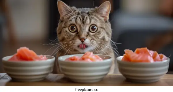 Cat staring at three bowls of food