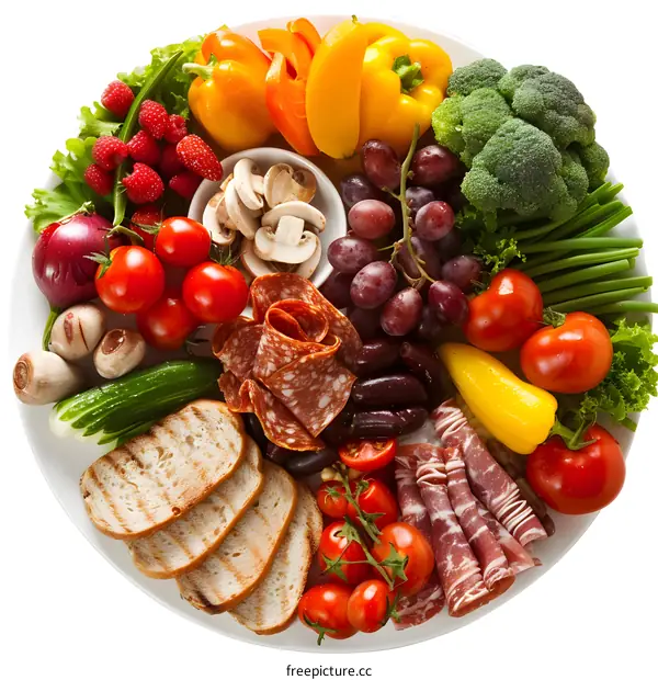 Fresh Vegetables, Fruits, and Meats Platter on a White Plate