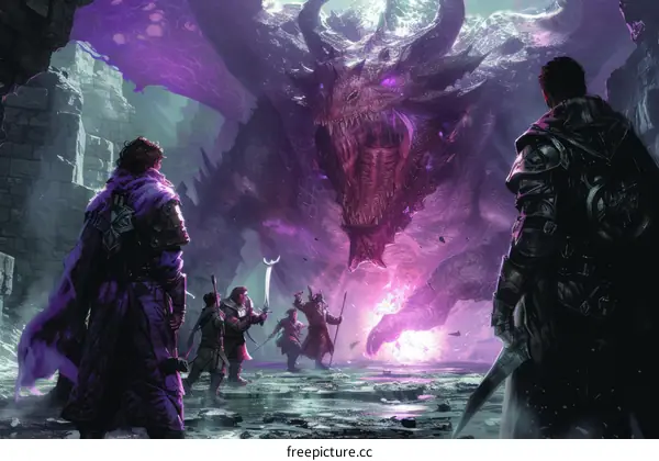 A group of adventurers fighting a purple dragon